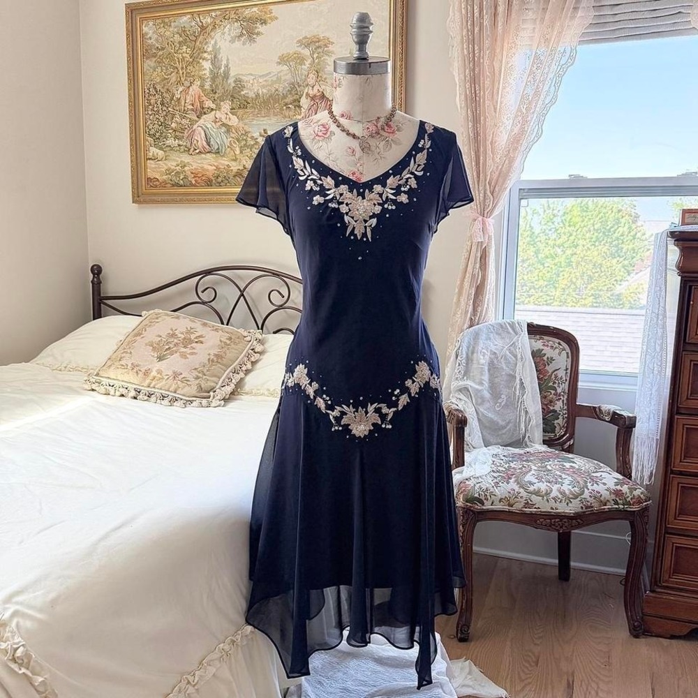 Y2K sl fashions navy beaded chiffon midi dress petite size 8